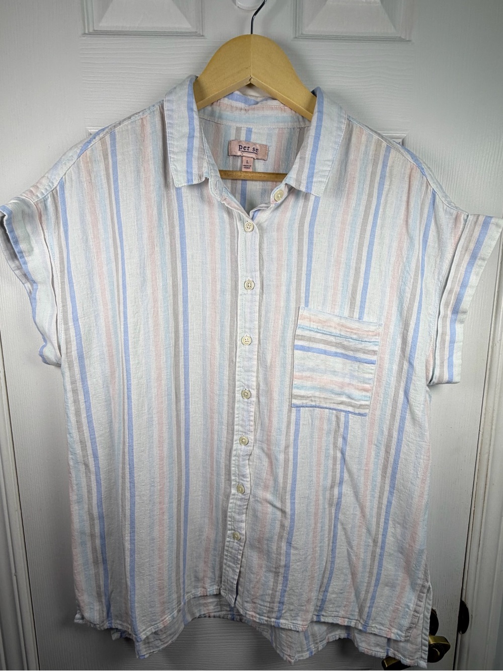 Per Se Linen Blend Striped Button-Up L Coastal Grandmother Quiet Luxury Beachy
